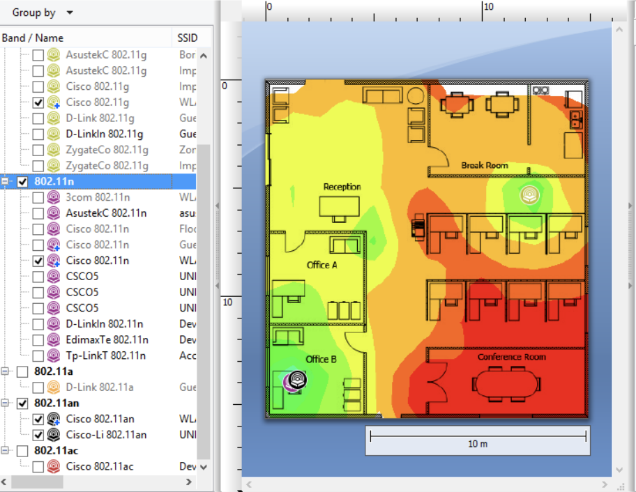 Professional Wi-Fi coverage heatmap showing signal strength throughout a home with color-coded areas from red (weak) to green (strong)